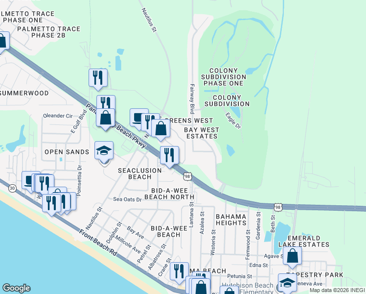map of restaurants, bars, coffee shops, grocery stores, and more near 215 Birdie Lane in Panama City Beach