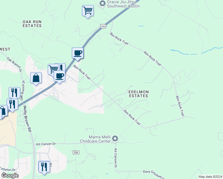 map of restaurants, bars, coffee shops, grocery stores, and more near 11814 Rim Rock Trail in Austin
