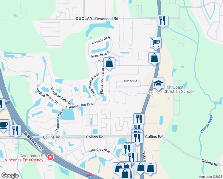 map of restaurants, bars, coffee shops, grocery stores, and more near 7611 Duclay Forest Drive West in Jacksonville