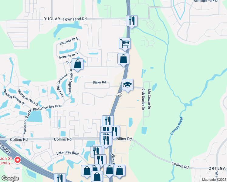 map of restaurants, bars, coffee shops, grocery stores, and more near 7600 Blanding Boulevard in Jacksonville
