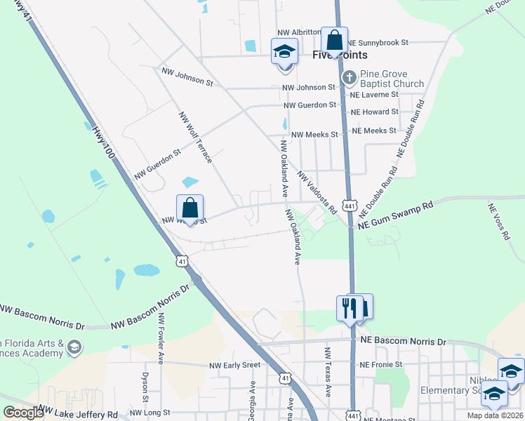 map of restaurants, bars, coffee shops, grocery stores, and more near 286 Northwest Waldo Street in Lake City