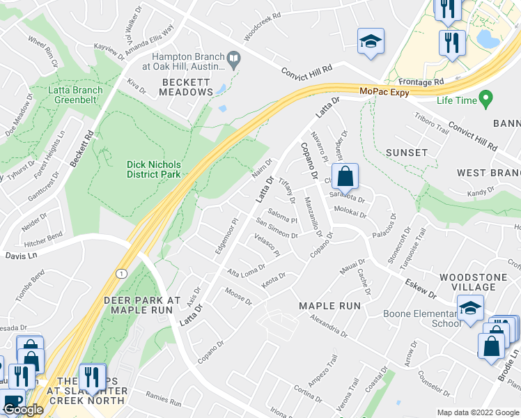 map of restaurants, bars, coffee shops, grocery stores, and more near 4710 San Simeon Drive in Austin