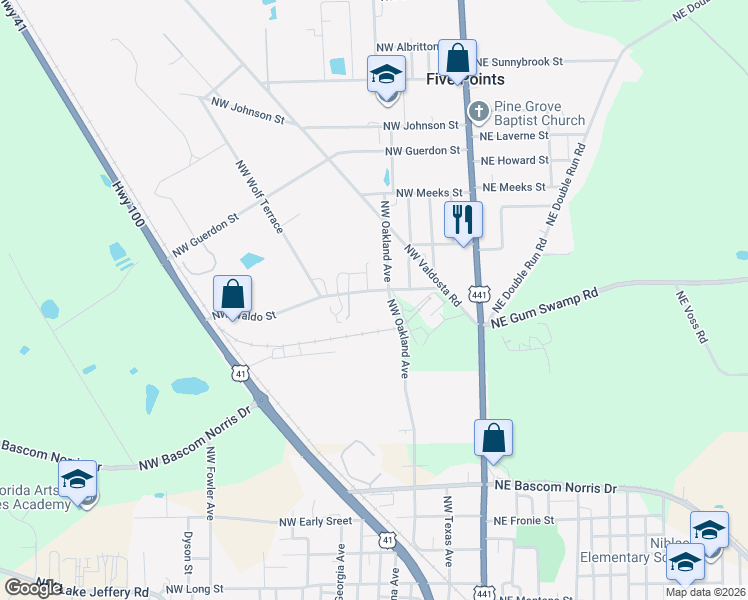 map of restaurants, bars, coffee shops, grocery stores, and more near 286 Northwest Waldo Street in Lake City
