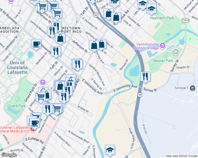 map of restaurants, bars, coffee shops, grocery stores, and more near 1320 General Mouton Avenue in Lafayette