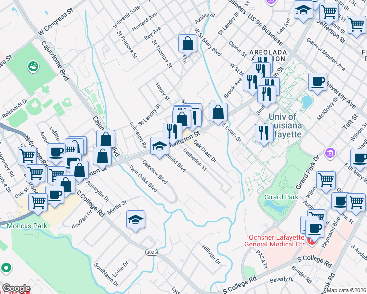 map of restaurants, bars, coffee shops, grocery stores, and more near 114 Whittington Drive in Lafayette