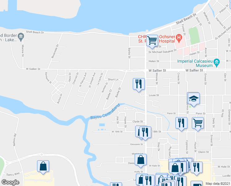 map of restaurants, bars, coffee shops, grocery stores, and more near 2212 Barbe Street in Lake Charles