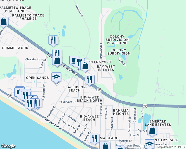map of restaurants, bars, coffee shops, grocery stores, and more near 13800 Panama City Beach Parkway in Panama City Beach