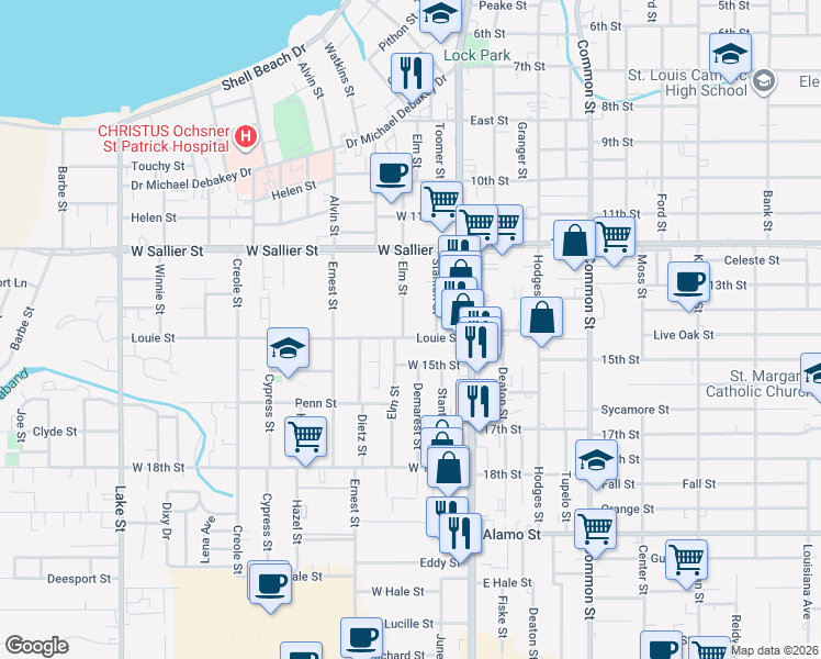 map of restaurants, bars, coffee shops, grocery stores, and more near 134 Louie Street in Lake Charles
