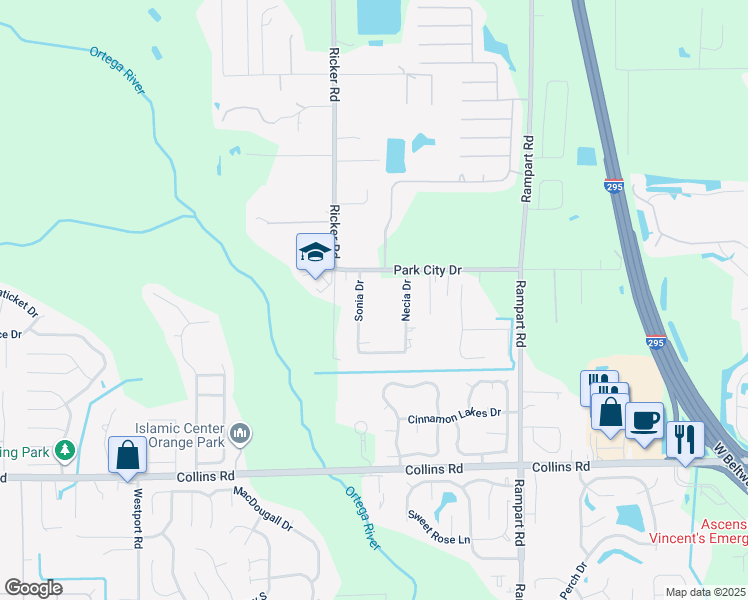 map of restaurants, bars, coffee shops, grocery stores, and more near 7547 Sonia Drive in Jacksonville