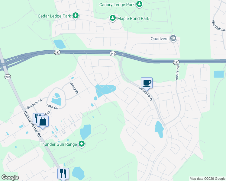 map of restaurants, bars, coffee shops, grocery stores, and more near 17522 Sunset Skies Road in Conroe