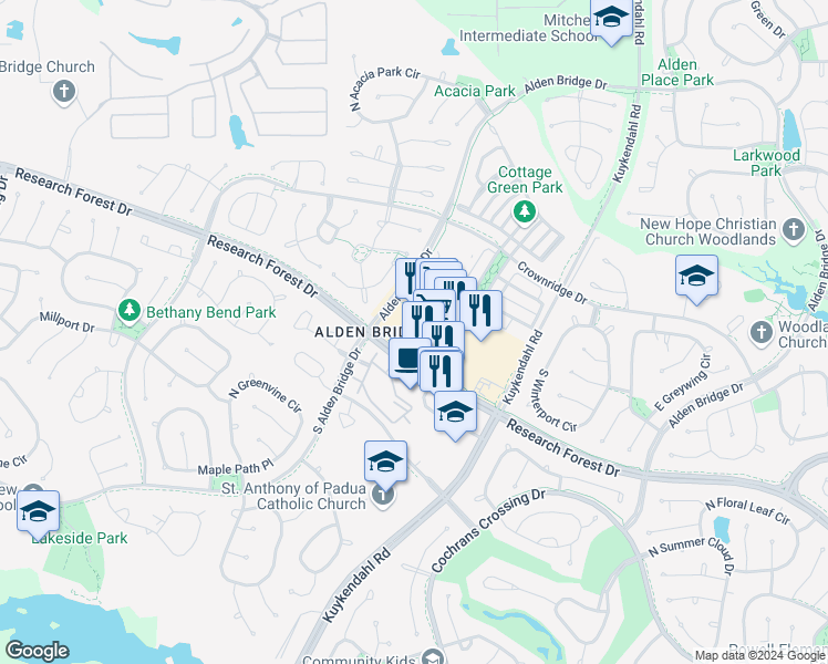 map of restaurants, bars, coffee shops, grocery stores, and more near 8106 Research Forest Drive in The Woodlands