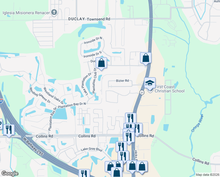 map of restaurants, bars, coffee shops, grocery stores, and more near 6232 Longchamp Drive in Jacksonville