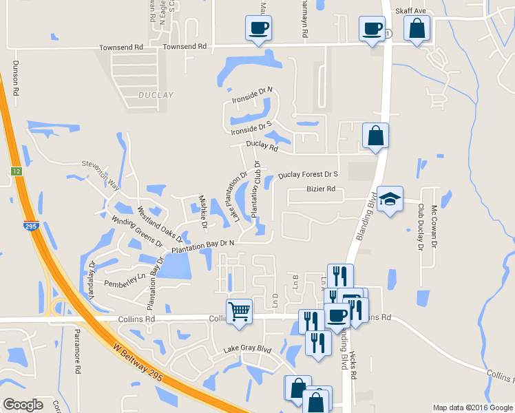 map of restaurants, bars, coffee shops, grocery stores, and more near 7537 Plantation Club Drive in Jacksonville