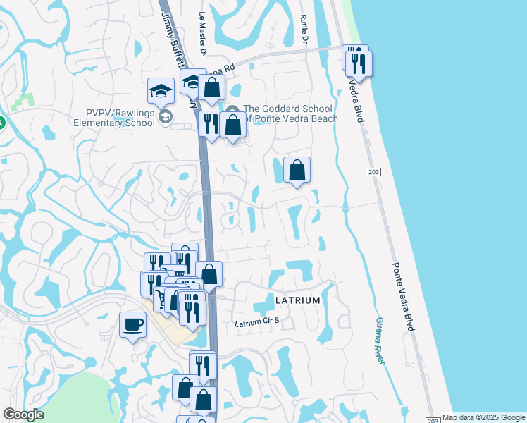 map of restaurants, bars, coffee shops, grocery stores, and more near 136 Coastal Oak Circle in Ponte Vedra Beach