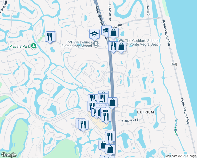 map of restaurants, bars, coffee shops, grocery stores, and more near 100 Fairway Park Boulevard in Ponte Vedra Beach