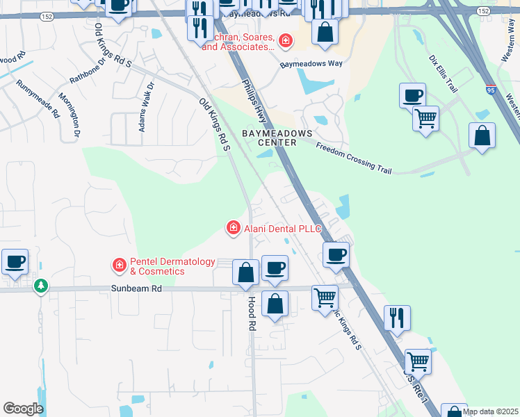 map of restaurants, bars, coffee shops, grocery stores, and more near 9274 Old Kings Road South in Jacksonville