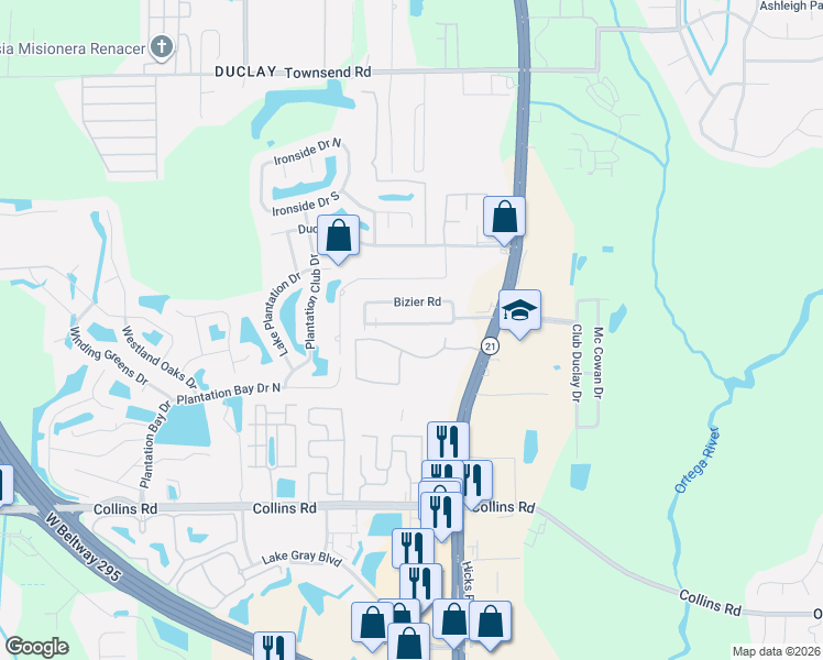 map of restaurants, bars, coffee shops, grocery stores, and more near 6114 Longchamp Drive in Jacksonville