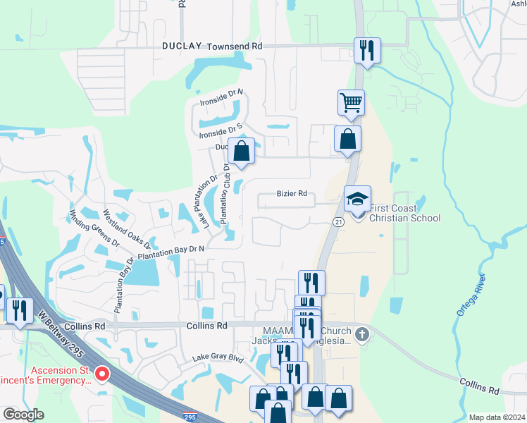 map of restaurants, bars, coffee shops, grocery stores, and more near 6224 Longchamp Drive in Jacksonville