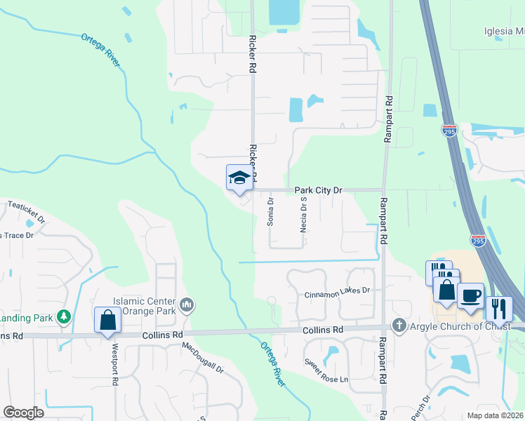 map of restaurants, bars, coffee shops, grocery stores, and more near 7535 Ricker Road in Jacksonville