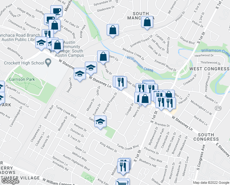 map of restaurants, bars, coffee shops, grocery stores, and more near 5622 Emerald Forest Drive in Austin