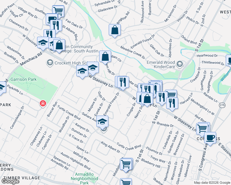 map of restaurants, bars, coffee shops, grocery stores, and more near 5622 Emerald Forest Drive in Austin