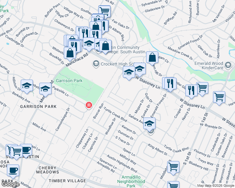 map of restaurants, bars, coffee shops, grocery stores, and more near 1501 Casa Drive in Austin