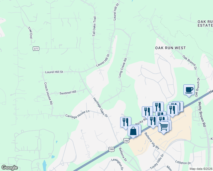 map of restaurants, bars, coffee shops, grocery stores, and more near 1 Tall Oaks Trail in Austin