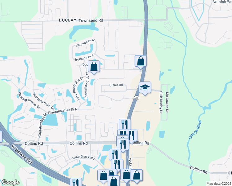 map of restaurants, bars, coffee shops, grocery stores, and more near 6114 Longchamp Dr in Jacksonville