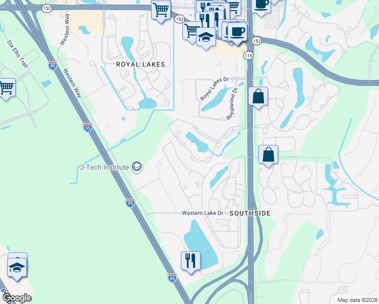 map of restaurants, bars, coffee shops, grocery stores, and more near 6169 Lake Tahoe Drive in Jacksonville