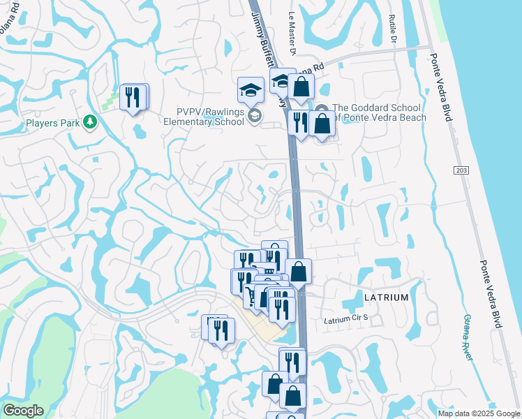 map of restaurants, bars, coffee shops, grocery stores, and more near 100 Fairway Park Boulevard in Ponte Vedra Beach
