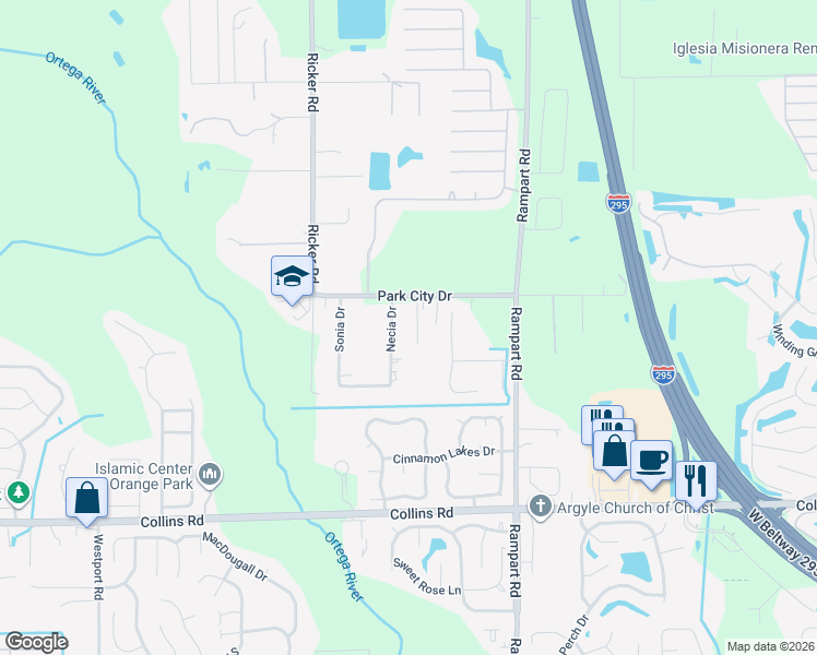 map of restaurants, bars, coffee shops, grocery stores, and more near 7545 Necia Drive in Jacksonville