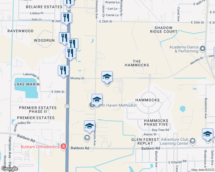 map of restaurants, bars, coffee shops, grocery stores, and more near 501 Mosley Drive in Lynn Haven
