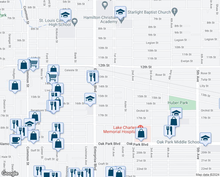 map of restaurants, bars, coffee shops, grocery stores, and more near 1310 14th Street in Lake Charles