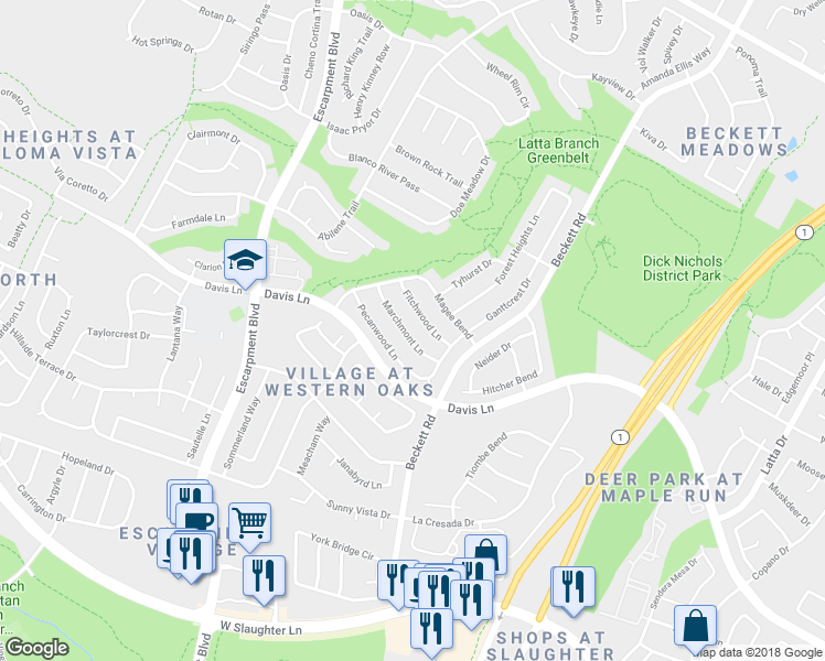 map of restaurants, bars, coffee shops, grocery stores, and more near 5800 Marchmont Lane in Austin