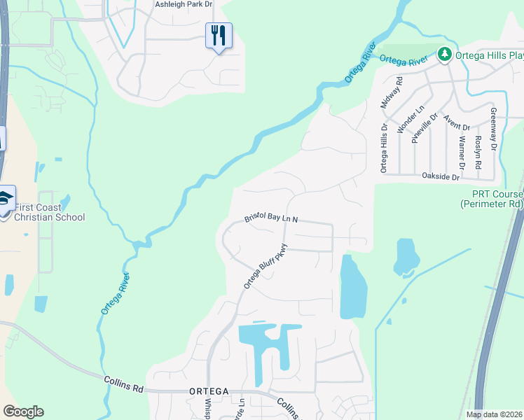 map of restaurants, bars, coffee shops, grocery stores, and more near 5533 Bristol Bay Lane North in Jacksonville