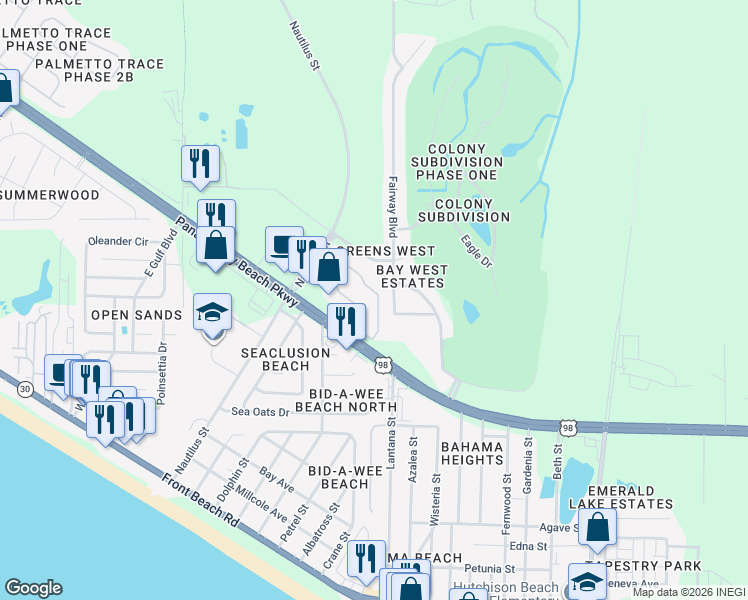 map of restaurants, bars, coffee shops, grocery stores, and more near 215 Birdie Lane in Panama City Beach