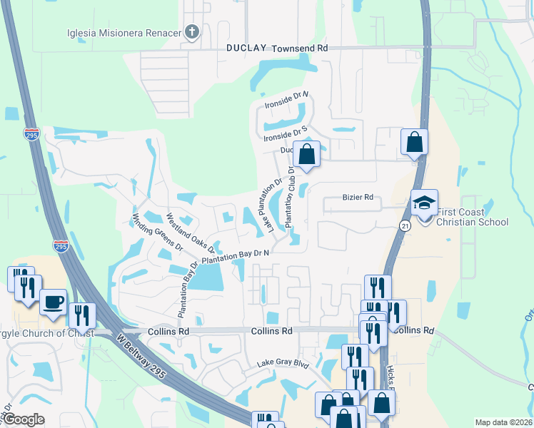 map of restaurants, bars, coffee shops, grocery stores, and more near 6353 Lake Plantation Drive in Jacksonville