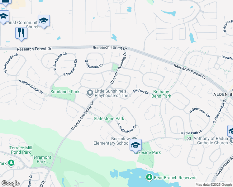 map of restaurants, bars, coffee shops, grocery stores, and more near 122 South Millport Circle in Spring