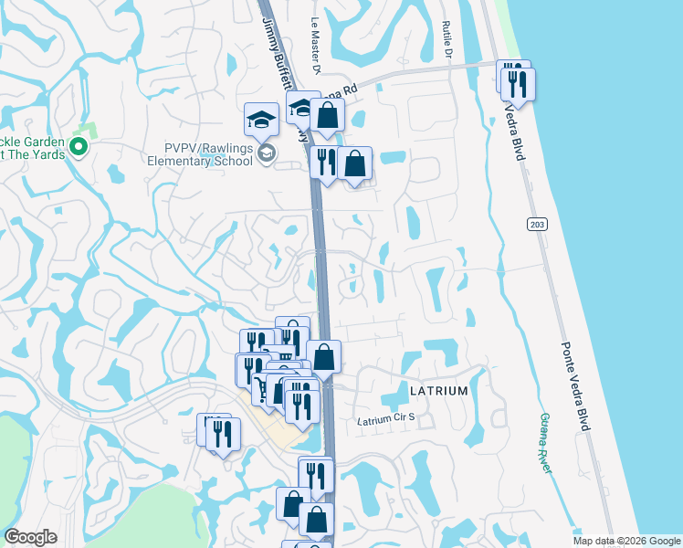 map of restaurants, bars, coffee shops, grocery stores, and more near 31 Shoreline Circle in Ponte Vedra Beach