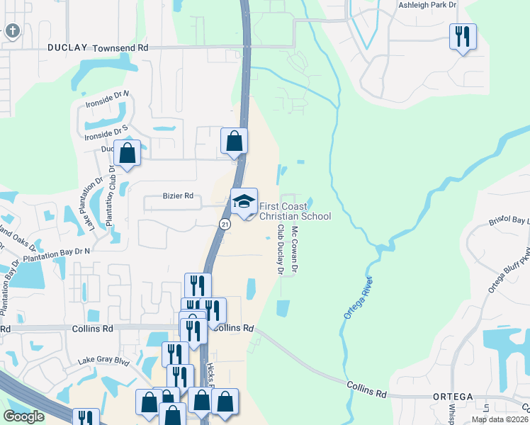 map of restaurants, bars, coffee shops, grocery stores, and more near 5944 Longchamp Drive in Jacksonville