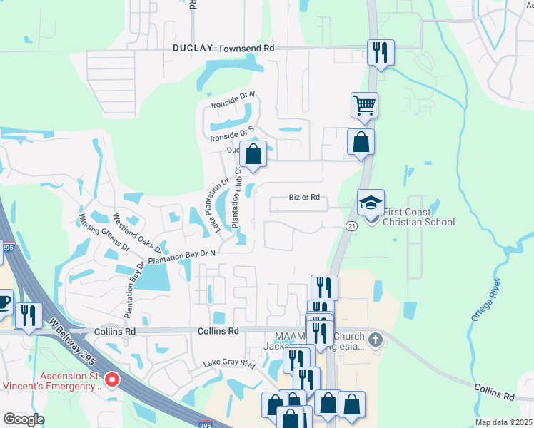 map of restaurants, bars, coffee shops, grocery stores, and more near 7611 Duclay Forest Drive West in Jacksonville