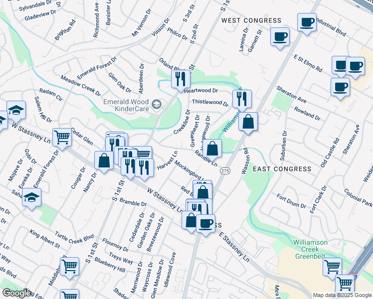 map of restaurants, bars, coffee shops, grocery stores, and more near 327 Ramble Lane in Austin