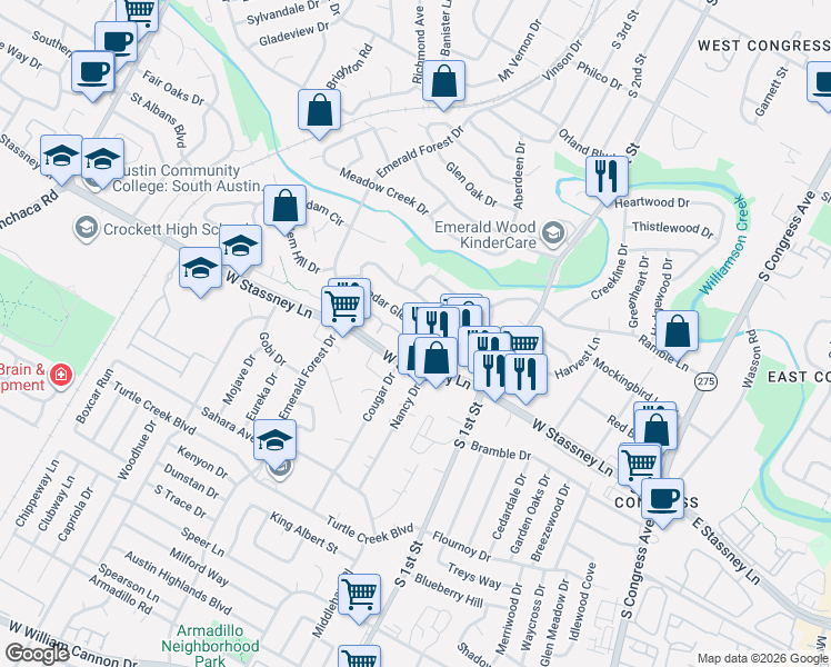 map of restaurants, bars, coffee shops, grocery stores, and more near 5506 Salem Walk Drive in Austin