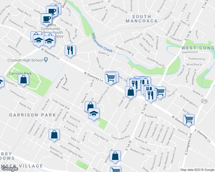 map of restaurants, bars, coffee shops, grocery stores, and more near 5622 Emerald Forest Drive in Austin
