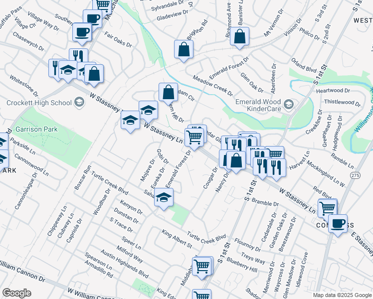map of restaurants, bars, coffee shops, grocery stores, and more near 5622 Emerald Forest Drive in Austin