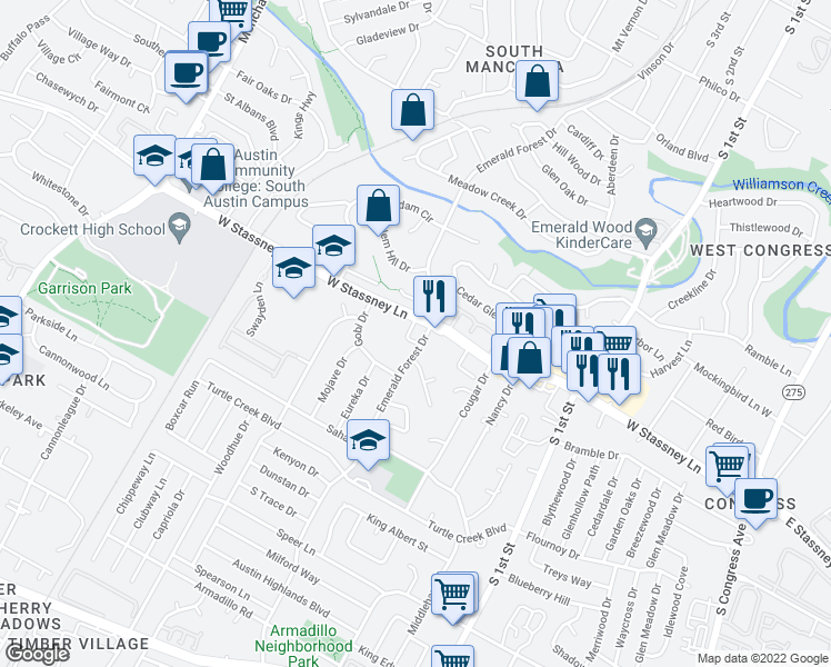 map of restaurants, bars, coffee shops, grocery stores, and more near 5622 Emerald Forest Drive in Austin