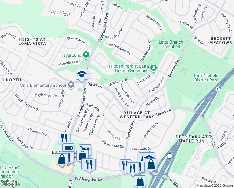 map of restaurants, bars, coffee shops, grocery stores, and more near 5811 Pecanwood Lane in Austin