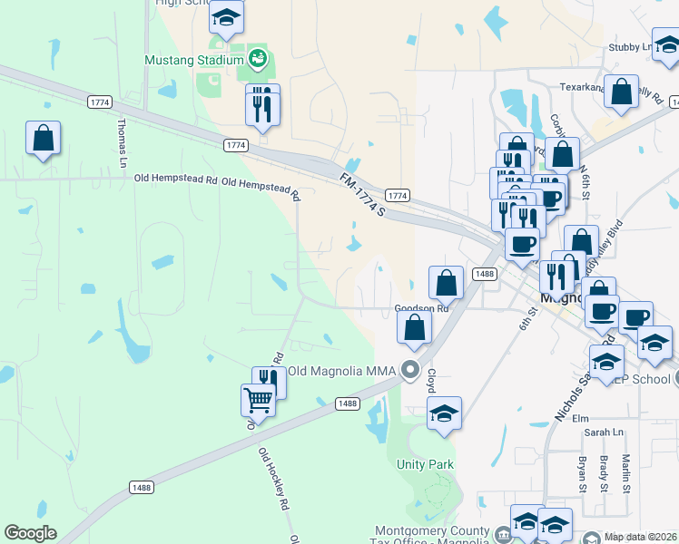 map of restaurants, bars, coffee shops, grocery stores, and more near 1410 Goodson Road in Magnolia