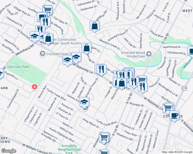 map of restaurants, bars, coffee shops, grocery stores, and more near 5622 Emerald Forest Drive in Austin