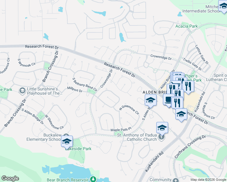 map of restaurants, bars, coffee shops, grocery stores, and more near 94 North Linton Ridge Circle in Spring